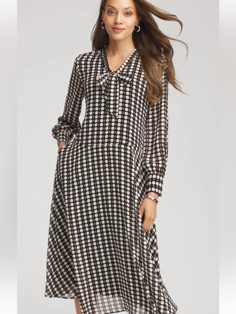 chic Black and White Polka Dot Tie-Neck Midi Dress